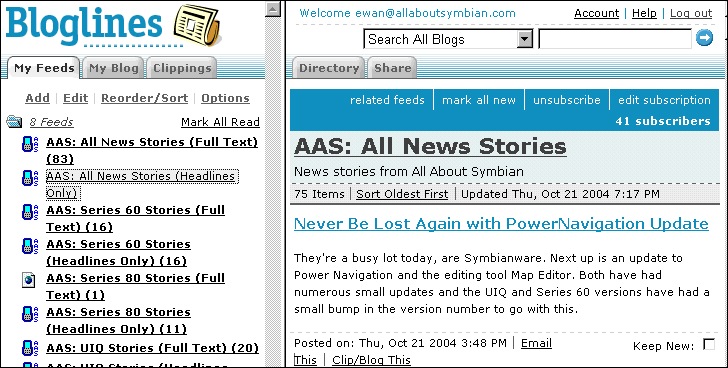 Bloglines Showing All About Symbian's Feed