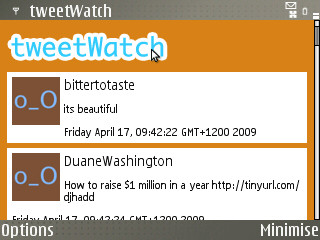tweetWatch widget on an E61i
