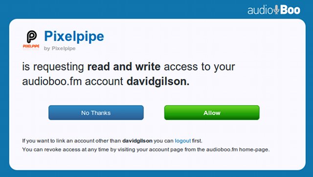 Authorizing Pixelpipe to post to Audioboo