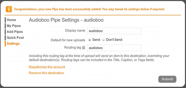 Audioboo pipe seettings at Pixelpipe