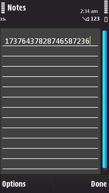 String of numbers entered on a Nokia N97
