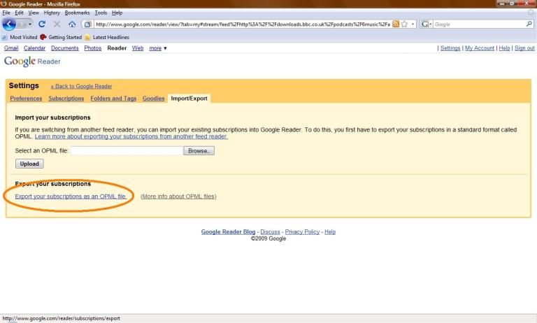 Exporting OPML file in Google Reader
