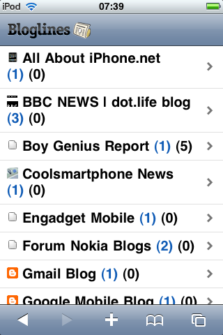 Using the specific Bloglines iPhone interface