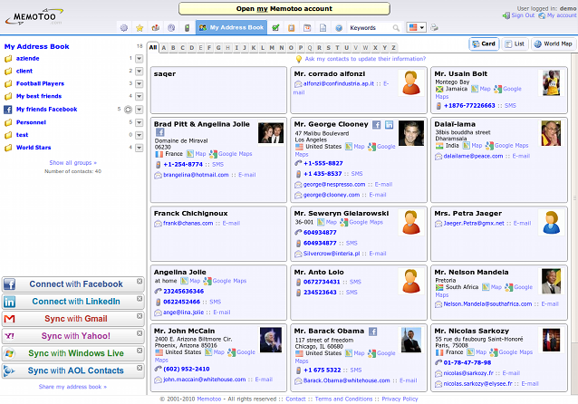 A demo page of how a fully socially-tricked out Memotoo address book looks