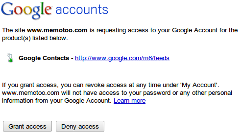 Granting authorisation for Memotoo to access your Google data