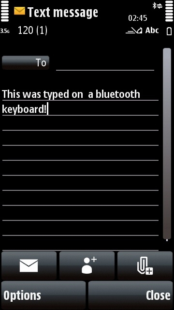Nokia 5800 showing text typed on a Bluetooth keyboard
