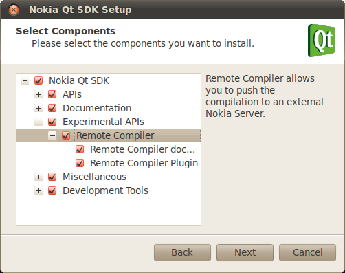 Nokia Qt SDk Setup showing options to install Remote Compiler
