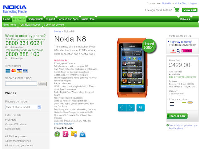 N8 pre-order page