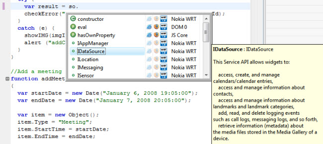 Code completion for WRT API 1.1