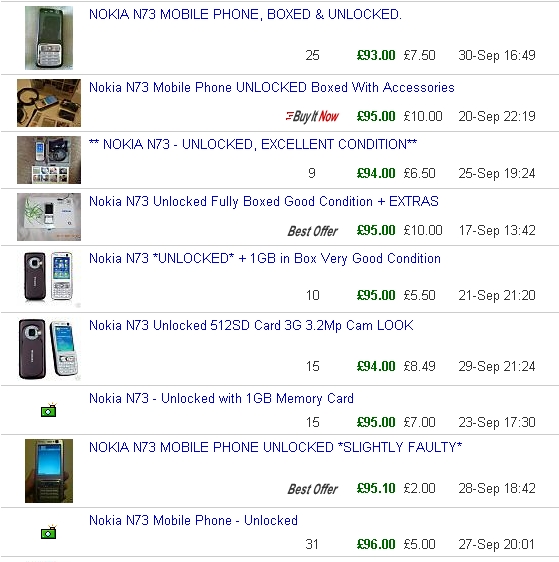 Unlocked Nokia N73s sold recently on eBay