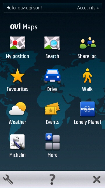 The Ovi Maps main menu