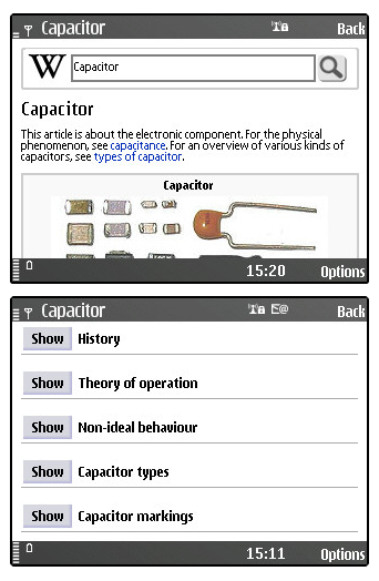 Presentation of page content on the mobile website.