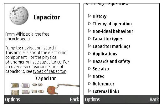 Presentation of page content in the Symbian Widget