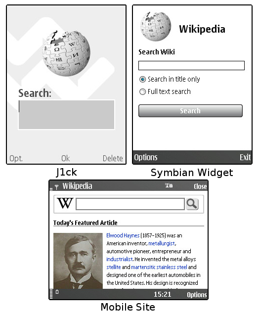 The search forms of all three Wikipedia applications, J1ck, S60 Widget, & the mobile site.