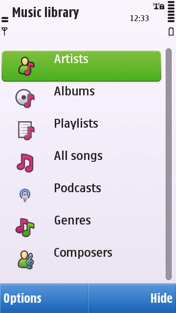 Symbian^1 Music list categories