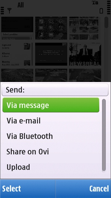 Sending options for images in the photo gallery