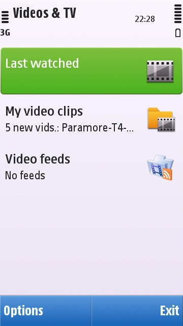 Main page of the Symbian^1 Videos & TV application