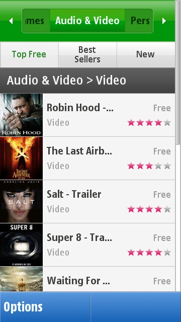 The video section of the Ovi Store