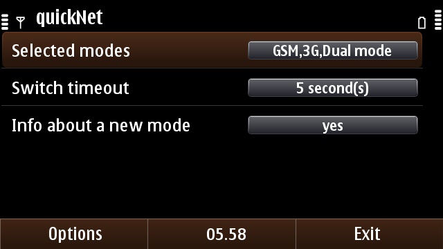The settings menu in quickNet