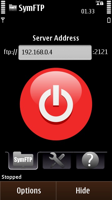 SymFTP's big red button - touch to activate the server