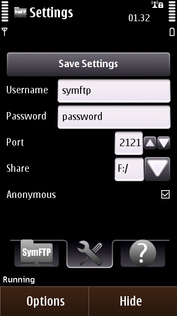 SymFTP's setting page
