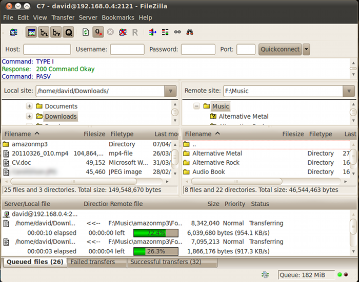 Downloading files from a Nokia C7 via the Filezilla desktop FTP client