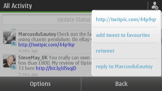 The Twitter functions menu
