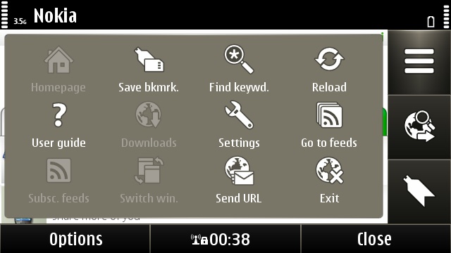 The main graphical menu of the Symbian web browser