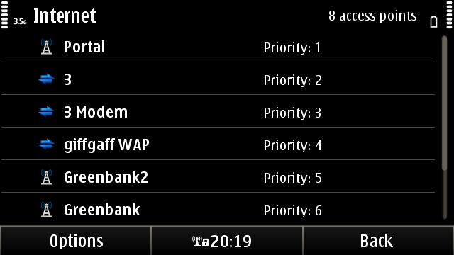 An example of the Symbian "Destinations", prioritised connection lists