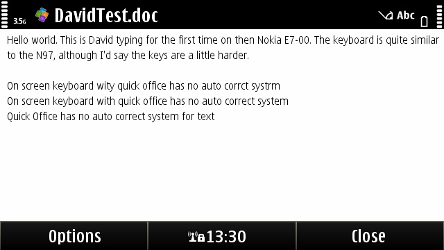 Entering text in QuickOffice word processor