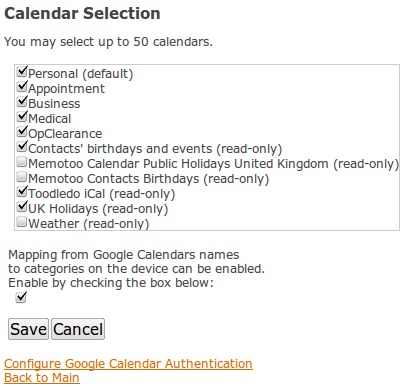 NuevaSync's Google calendar selection page