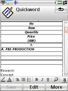 Tables in old Quickoffice 3.6
