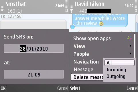 Message scheduling and selective deletion in SMS Chat