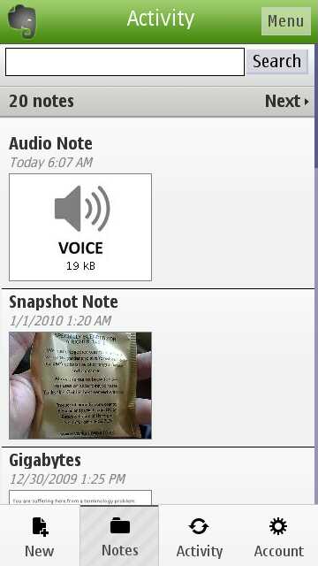 Screenshot, Evernote for Symbian