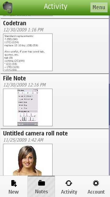 Screenshot, Evernote for Symbian