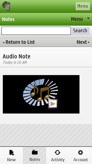 Screenshot, Evernote for Symbian