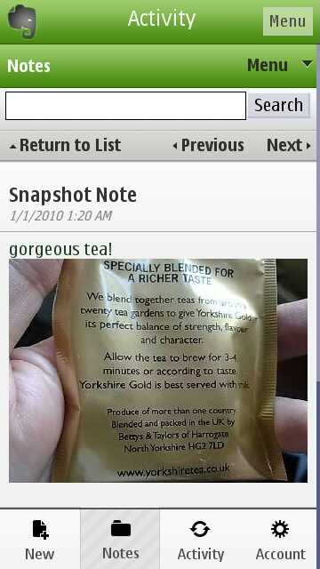 Screenshot, Evernote for Symbian
