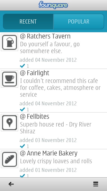 Screenshot, foursquare for Symbian