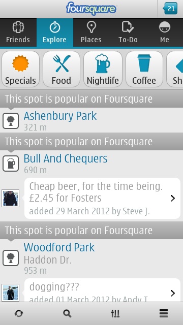 Screenshot, foursquare for Symbian