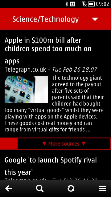 Screenshot, News for Symbian