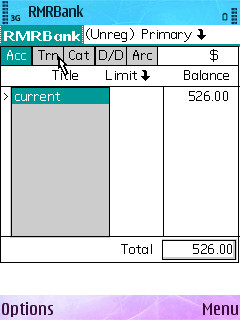 Screenshot from RMRBank running under NS Basic and StyleTap on S60