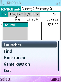 Screenshot from RMRBank running under NS Basic and StyleTap on S60
