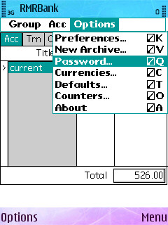 Screenshot from RMRBank running under NS Basic and StyleTap on S60