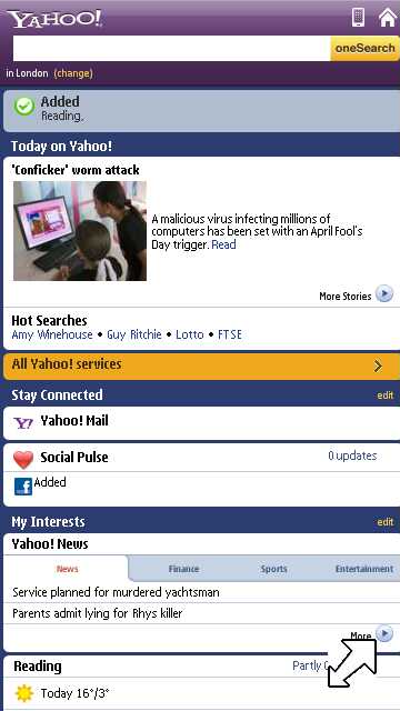 The new Yahoo! mobile site on full-screen on the Nokia 5800